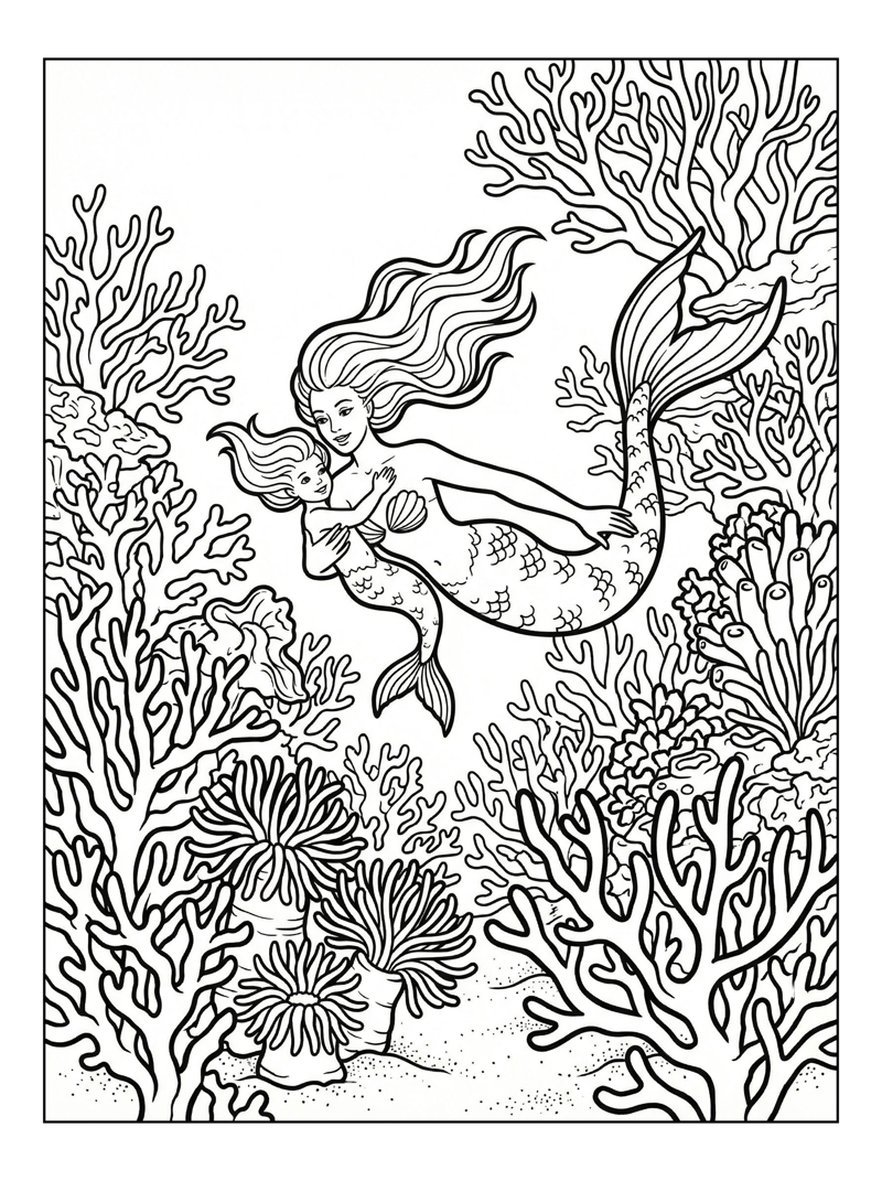 Mermaid Mother And Child Swimming Coral Reef
