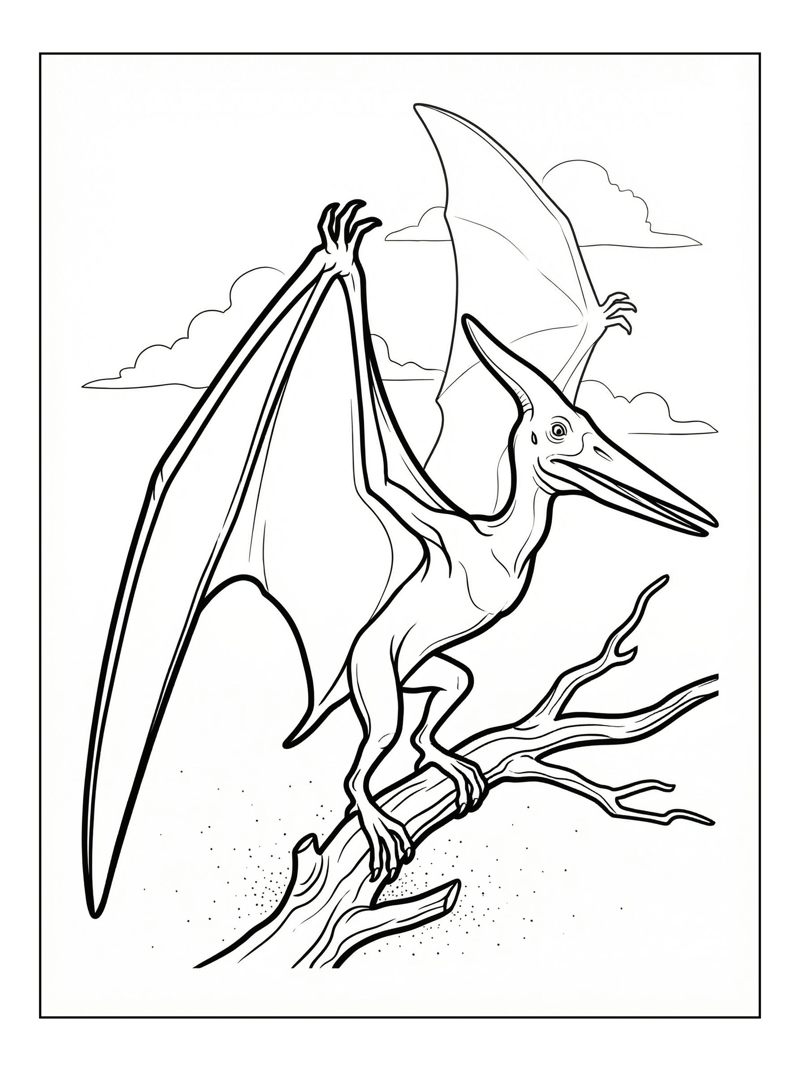 Pterodactyl Perching On Branch In Sky