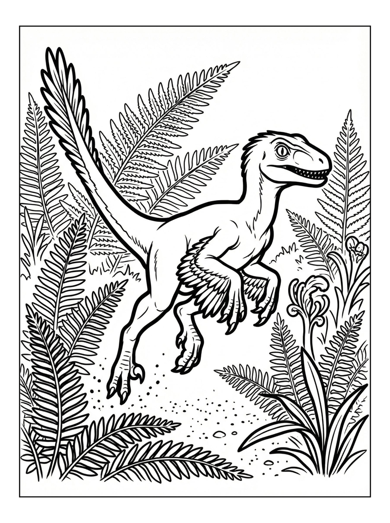 Juvenile Velociraptor Jumping Fern Forest