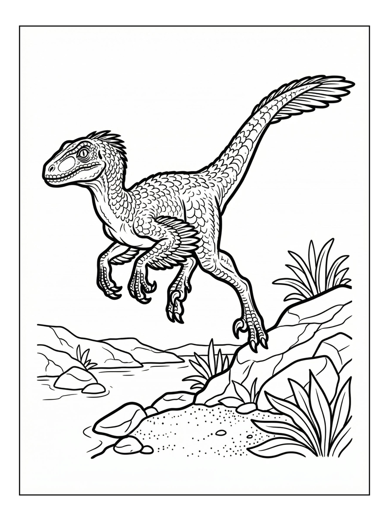 Velociraptor Jumping Over Riverbank