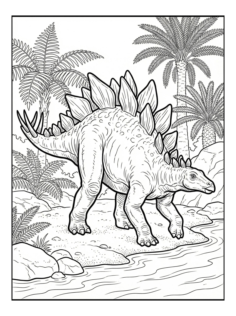 Stegosaurus Walking By River Bank