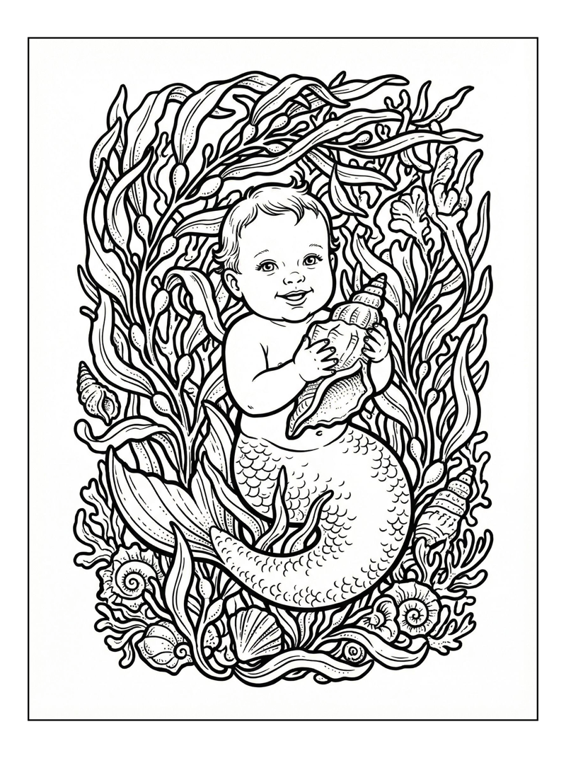 Baby Mermaid Holds Shell In Kelp Forest