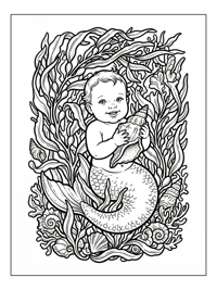 Baby Mermaid Holds Shell In Kelp Forest