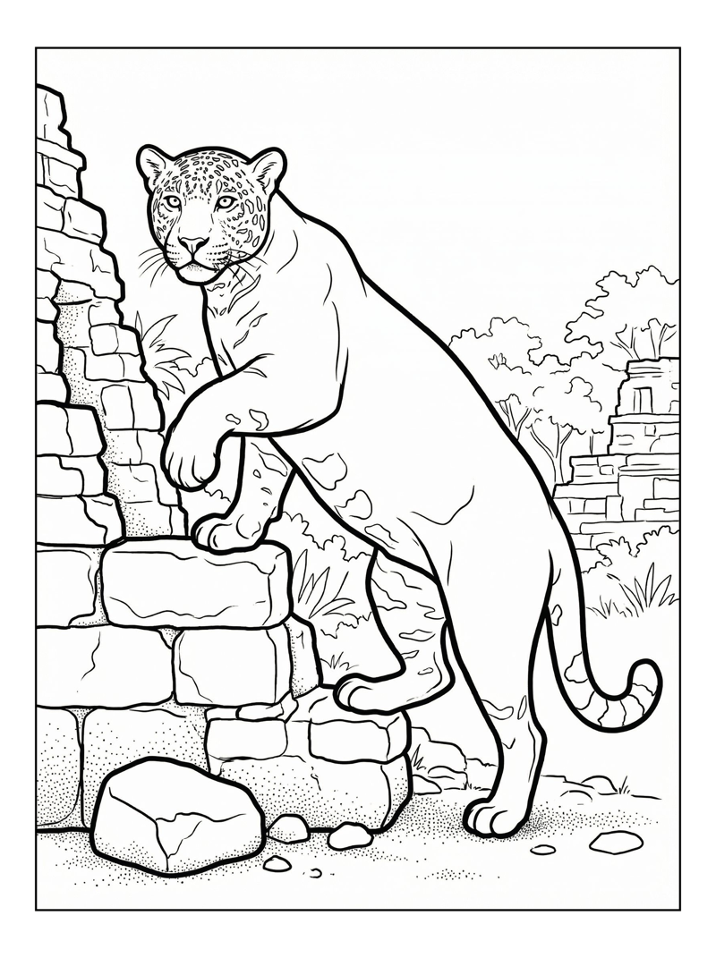 Jaguar Climbing Ancient Mayan Ruins