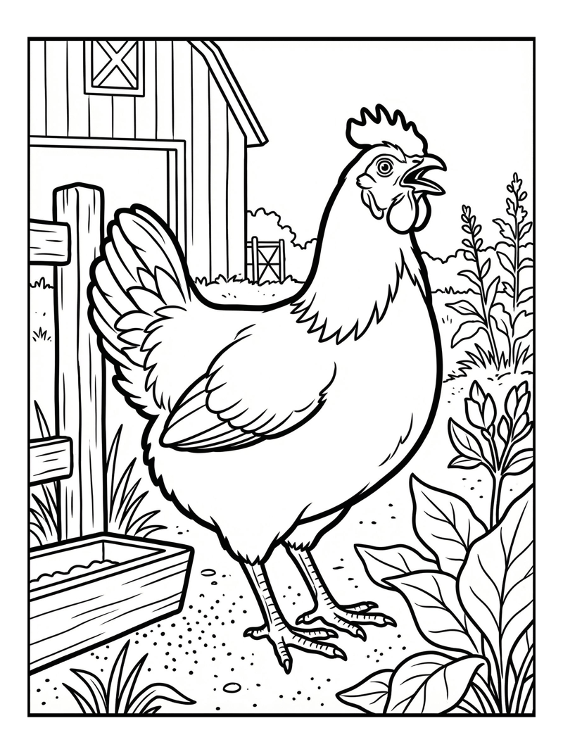 Coloring page of Hen Crowing In Barnyard