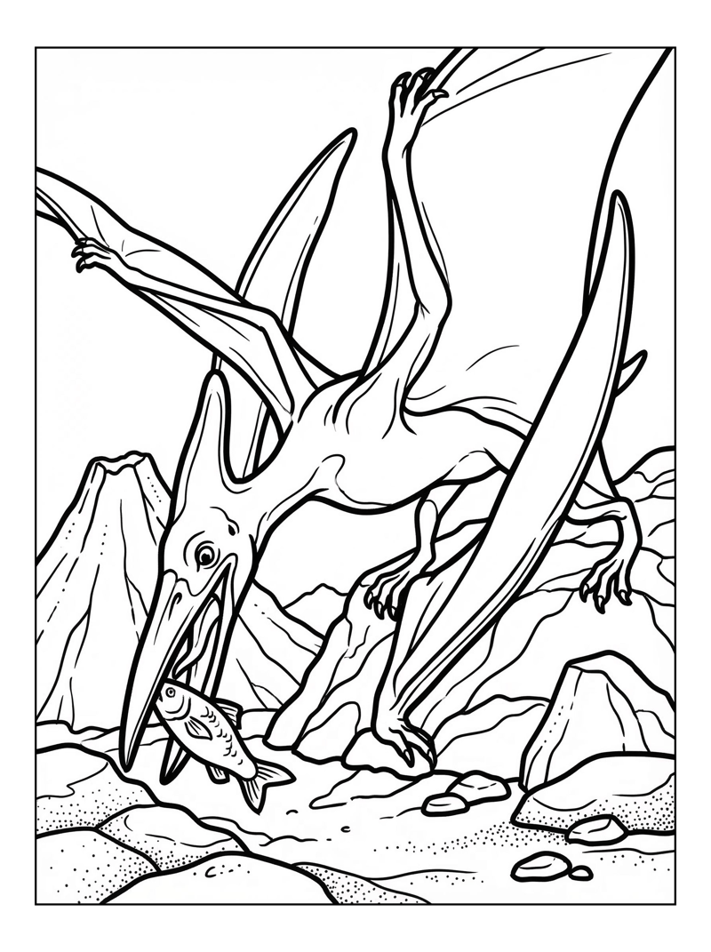 Pterodactyl Catches Fish Volcanic Scene
