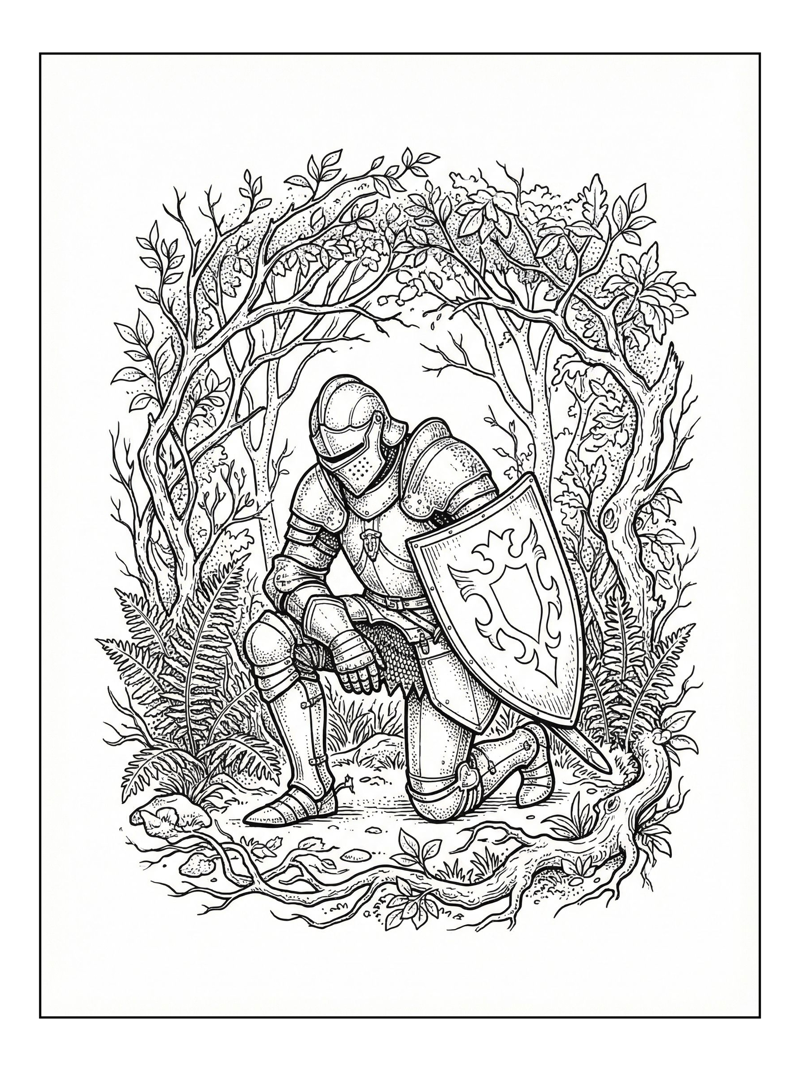 Knight Kneeling With Shield In Forest
