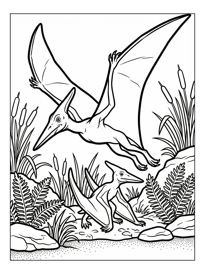 Pterodactyl Family Soaring Riverbank Scene