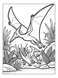 Pterodactyl Family Soaring Riverbank Scene