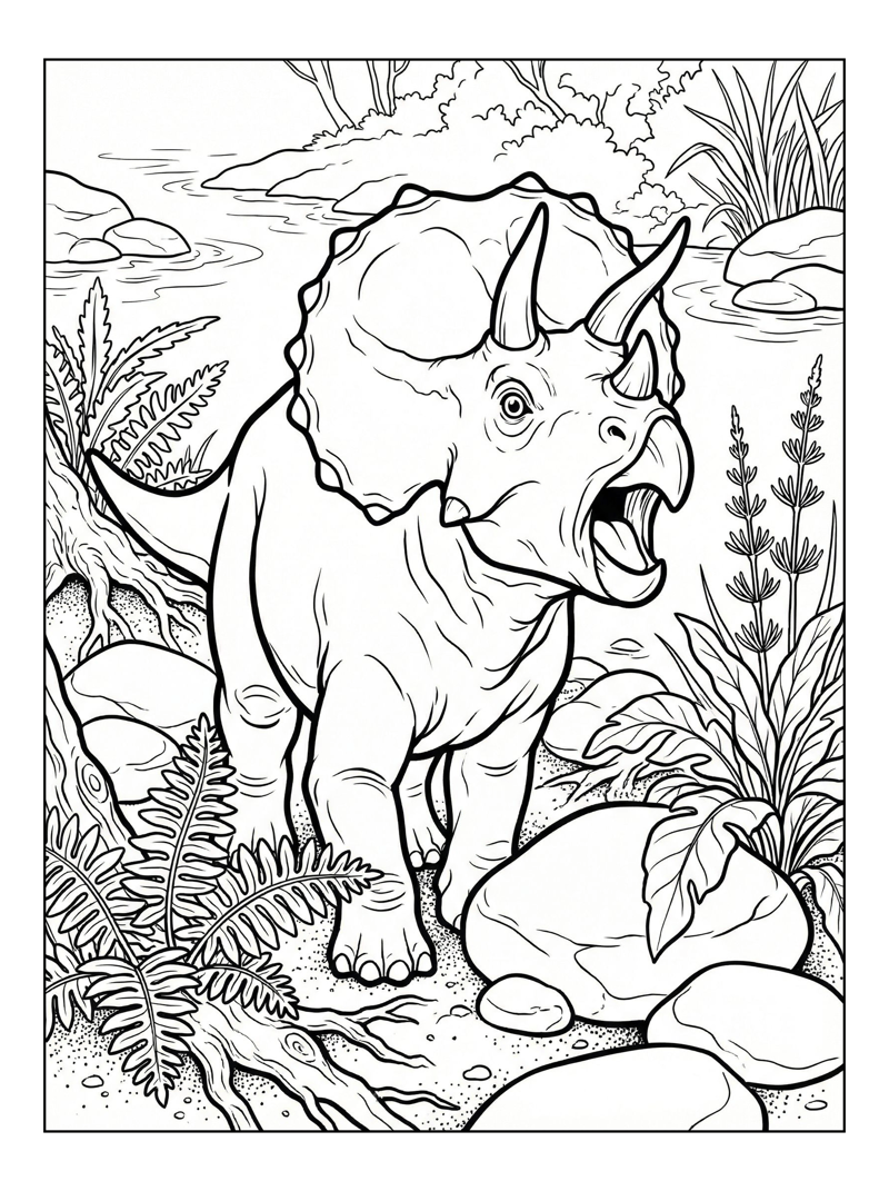 Baby Triceratops Roaring By Riverbank