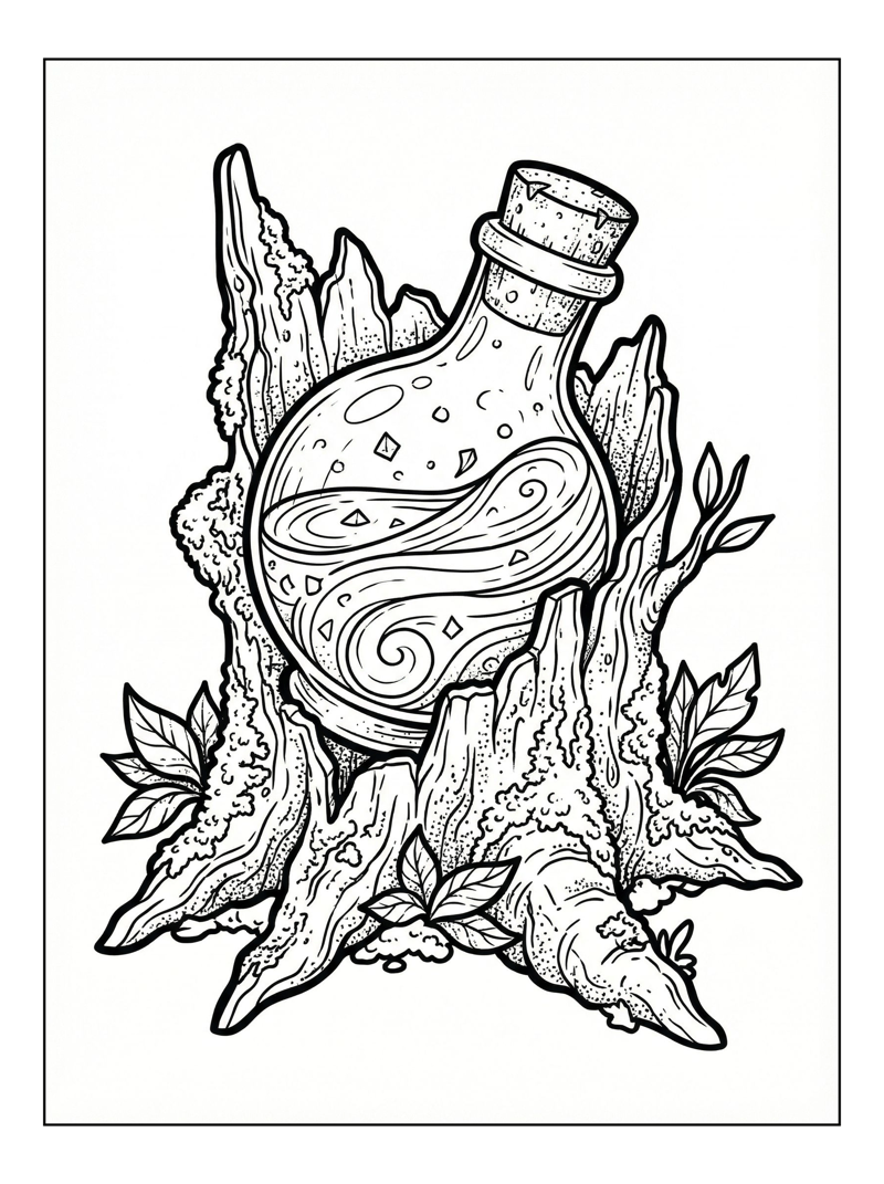 Potion Bottle In Mossy Forest Stump