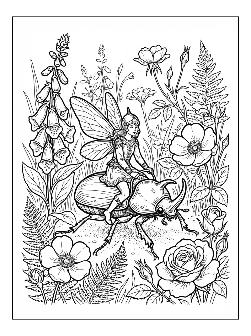 Fairy Princess Riding Rhinoceros Beetle Garden