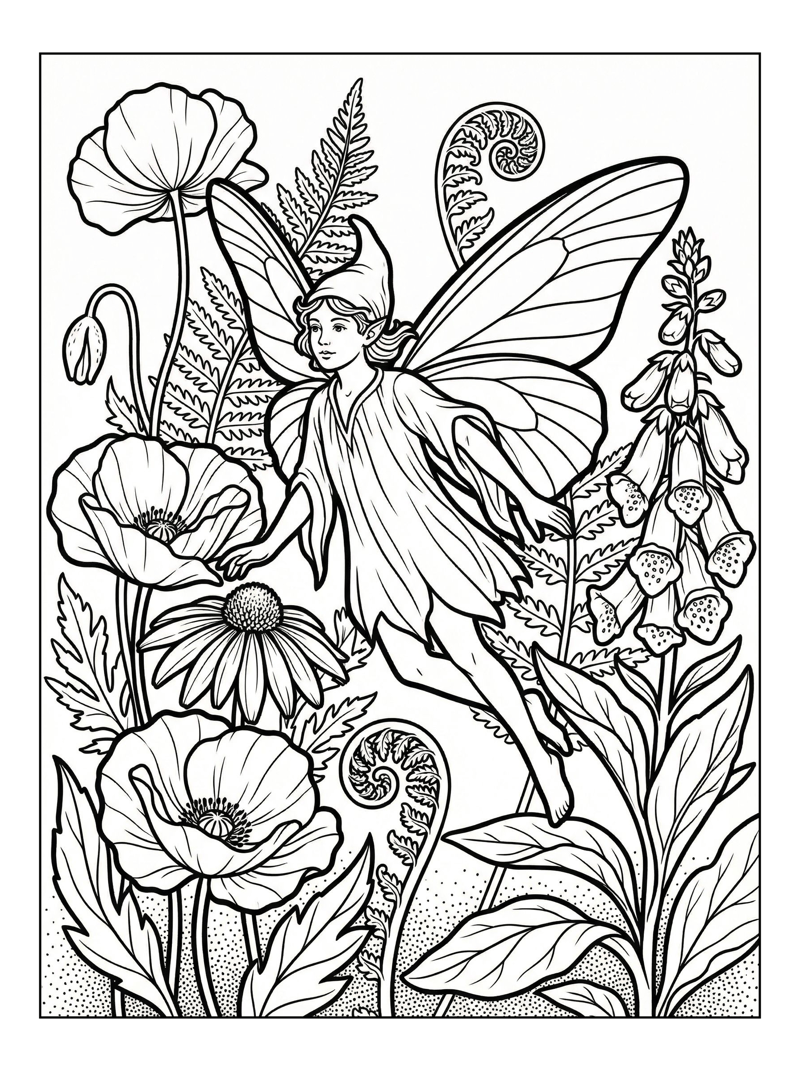Woodland Fairy Flying Among Garden Flowers