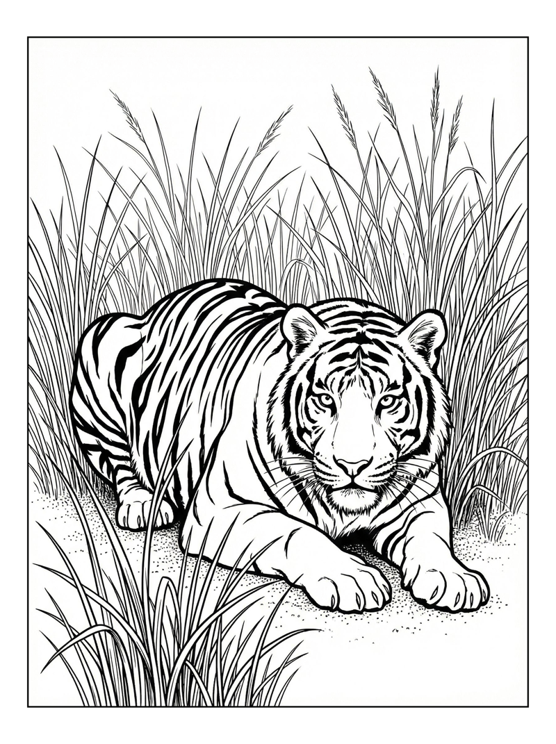 Bengal Tiger Crouching In Tall Grass