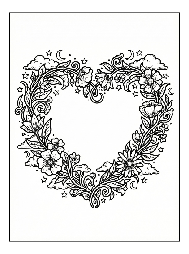 Heart Wreath With Flowers Stars Moons