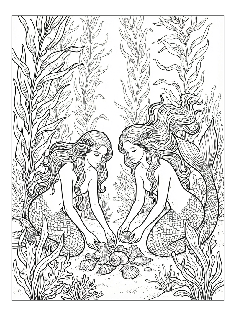 Twin Mermaids Collecting Shells Kelp Forest