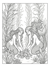 Twin Mermaids Collecting Shells Kelp Forest