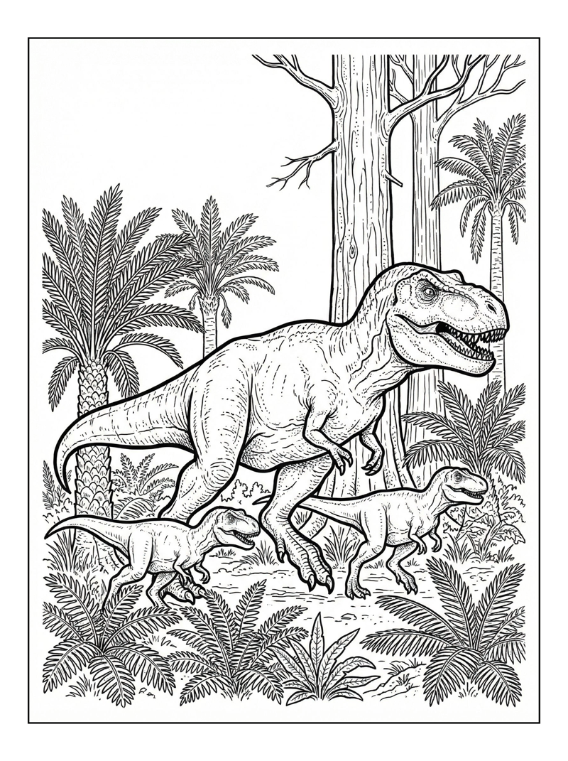 T-Rex Mother And Babies Running In Jungle