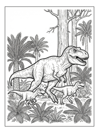 T-Rex Mother And Babies Running In Jungle