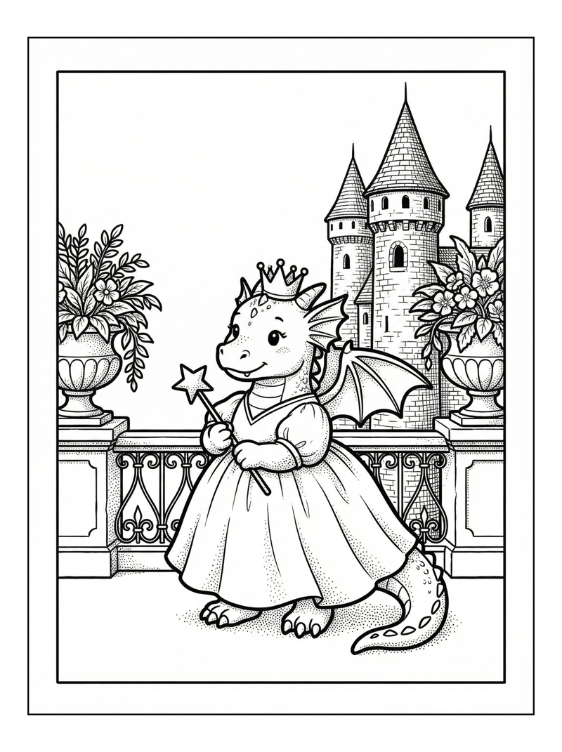 Dragon Wearing Crown Dress On Castle Balcony