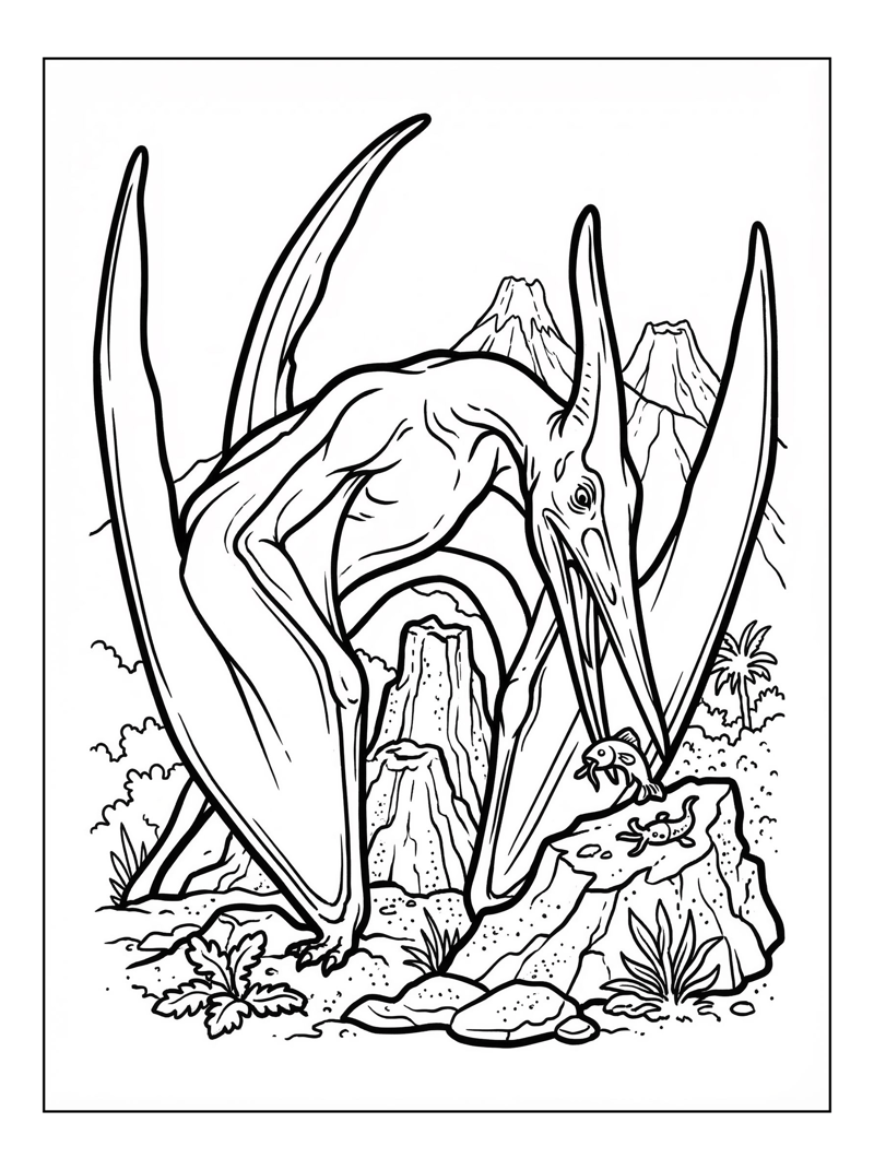 Crested Pterodactyl Feeding Volcanic Landscape