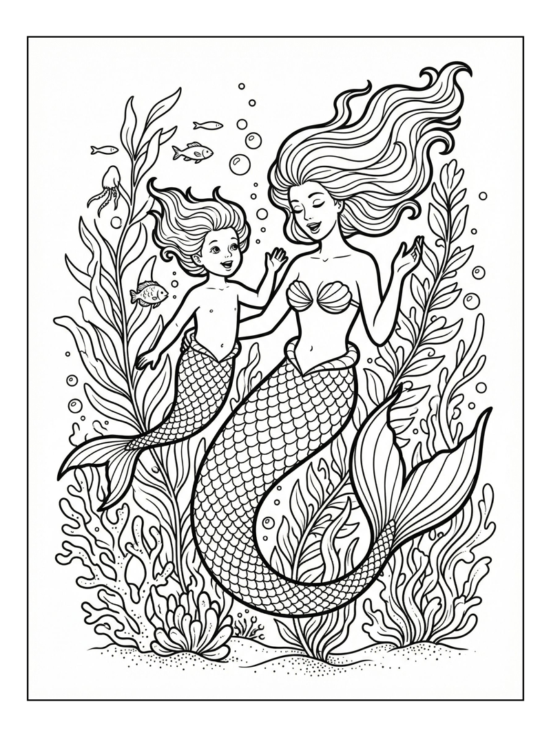 Mermaid Mother Child Singing Ocean