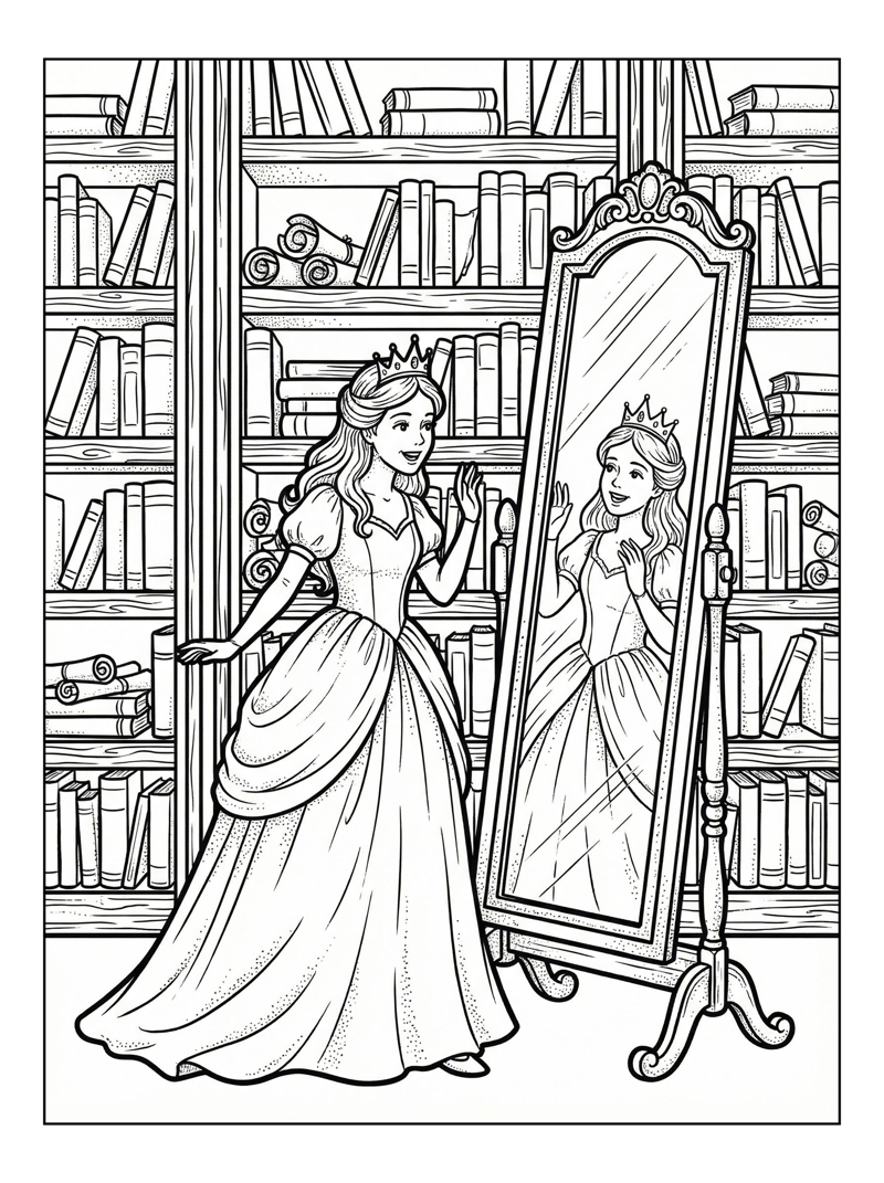 Princess Looks In Mirror With Books