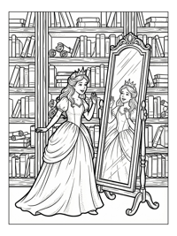 Princess Looks In Mirror With Books