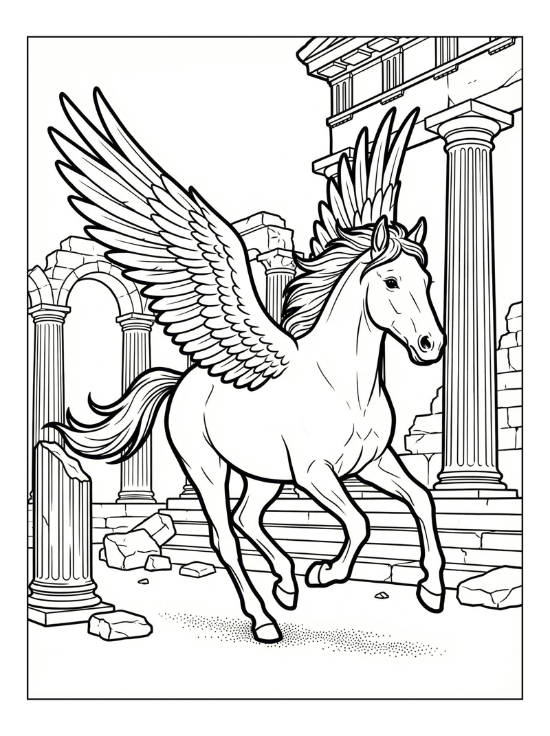 Pegasus Galloping Greek Temple Ruins