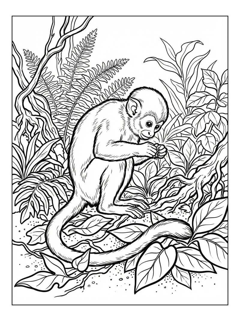 Squirrel Monkey Grooming On Rainforest Floor