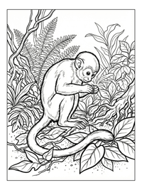 Squirrel Monkey Grooming On Rainforest Floor