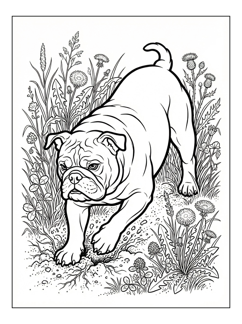 Bulldog Digging In Meadow
