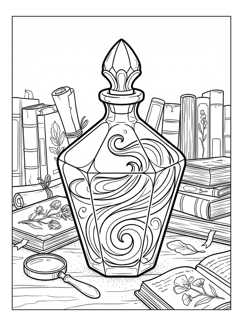 Coloring page of Crystal Potion Bottle Swirling Library Table