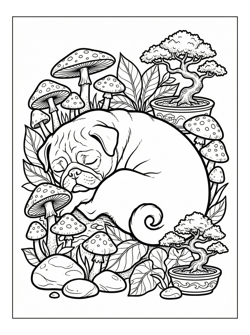 Pug Napping With Mushrooms Bonsai