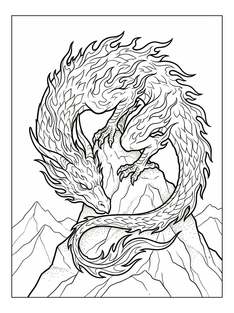 Fire Dragon Coiled On Mountain Peak