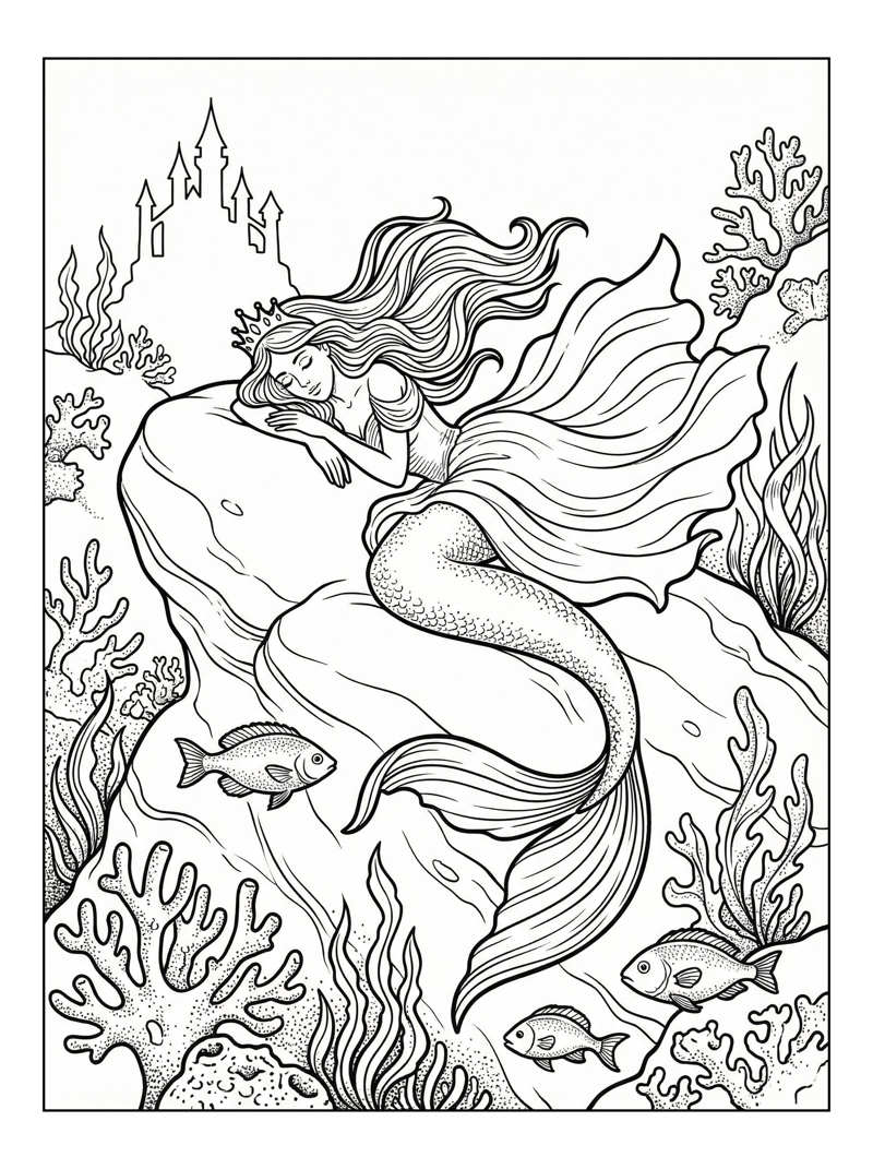 Mermaid Princess Napping On Undersea Rock