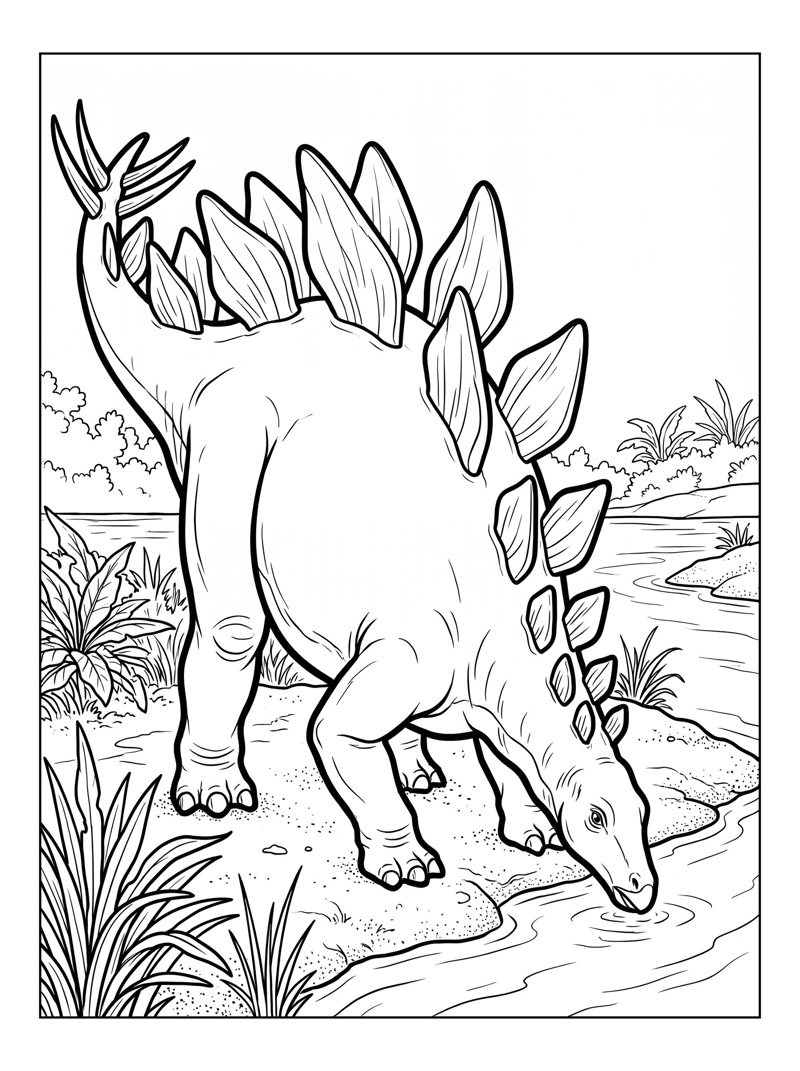 Stegosaurus Drinking By River Bank