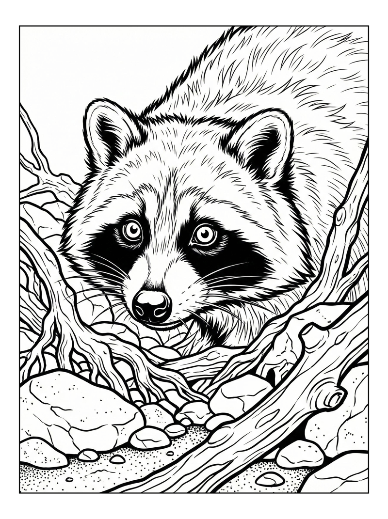 Racoon Peeking Among Creek Bed Rocks