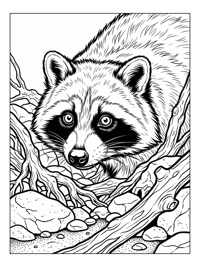Racoon Peeking Among Creek Bed Rocks