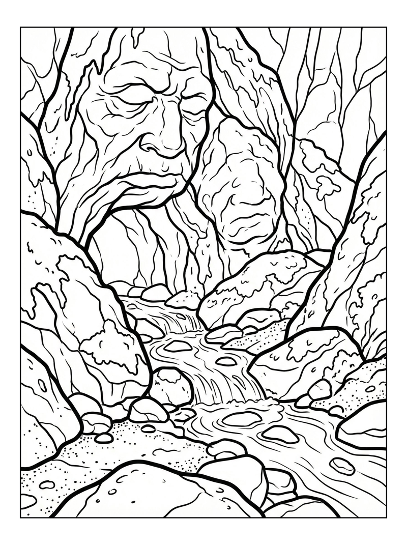 Stone Faces Watch Babbling Brook Cavern