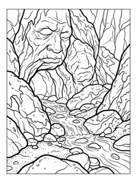 Stone Faces Watch Babbling Brook Cavern