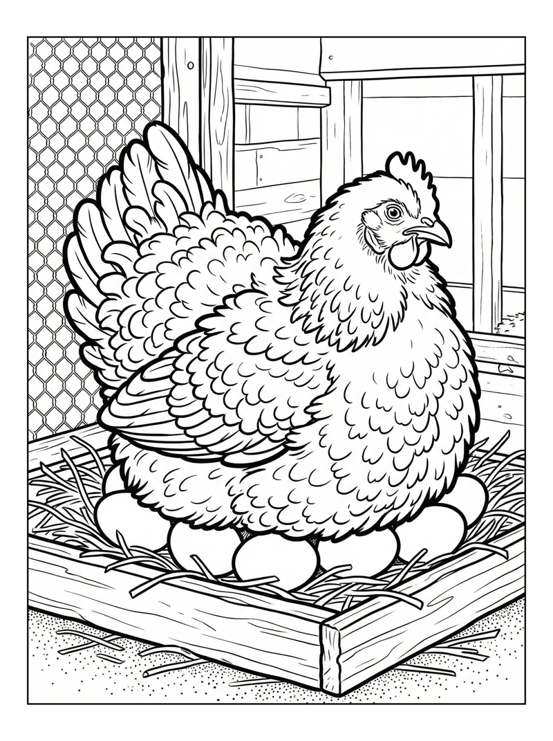 Frizzle Chicken Sits On Eggs In Coop