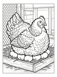 Frizzle Chicken Sits On Eggs In Coop