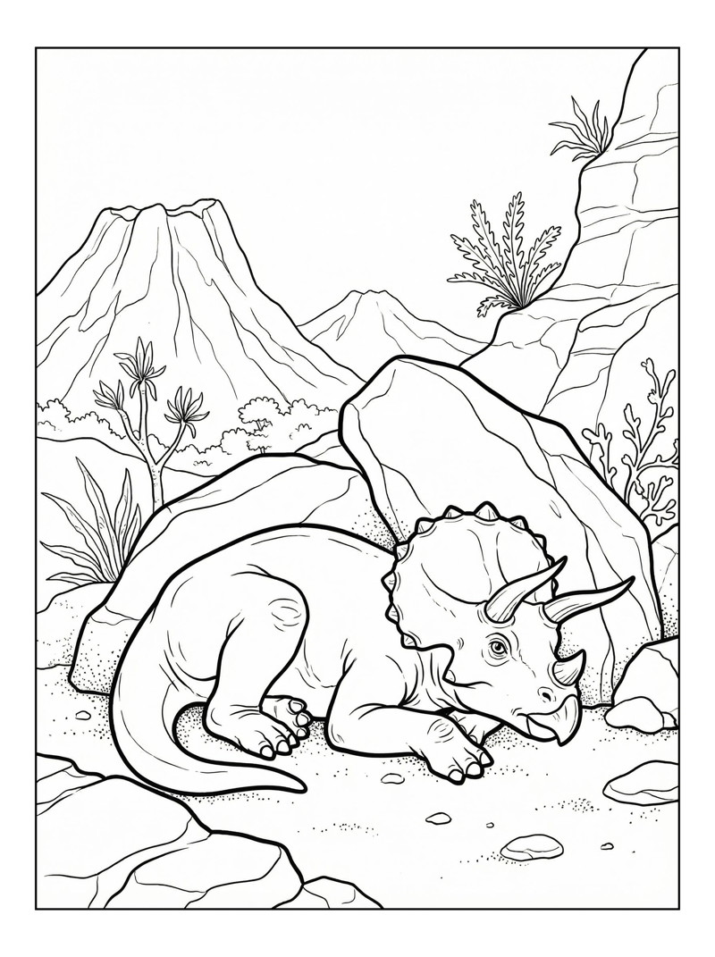 Juvenile Triceratops Resting Volcanic Landscape