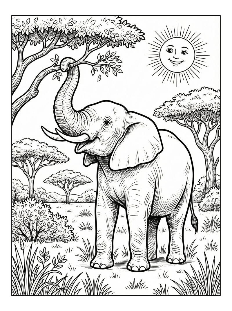 Elephant Eats Leaves In Savanna Sun