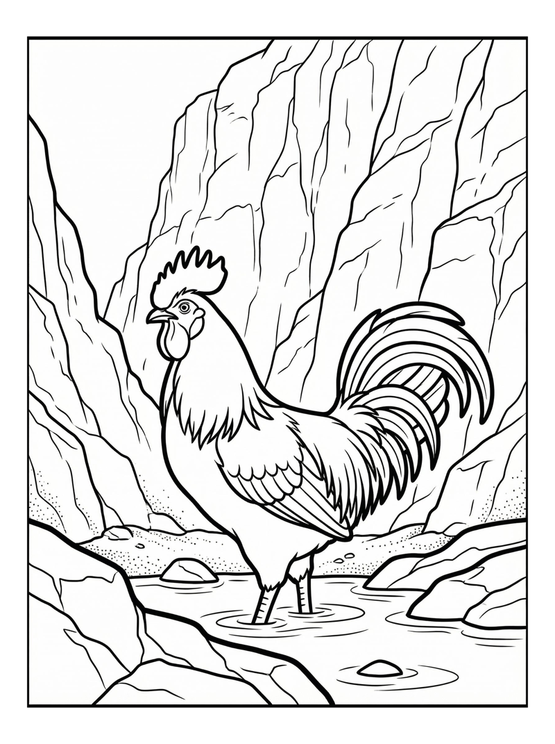 Alert Rooster Wading Mountain Stream
