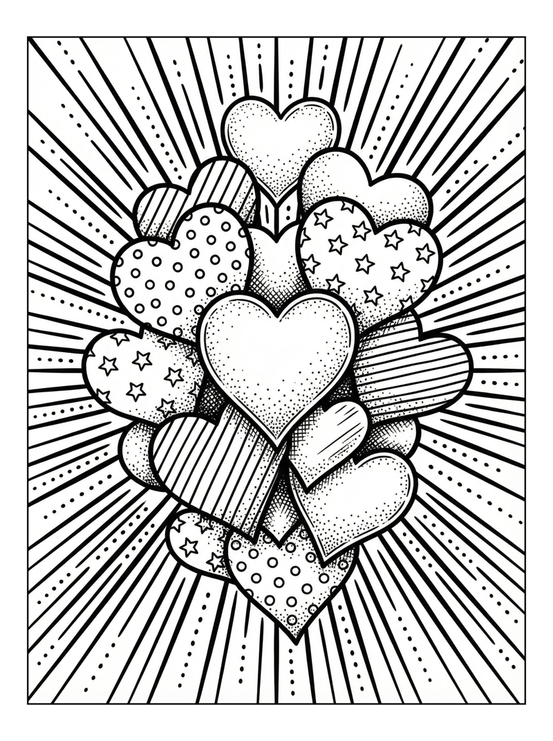 Patterned Hearts With Sunburst Rays