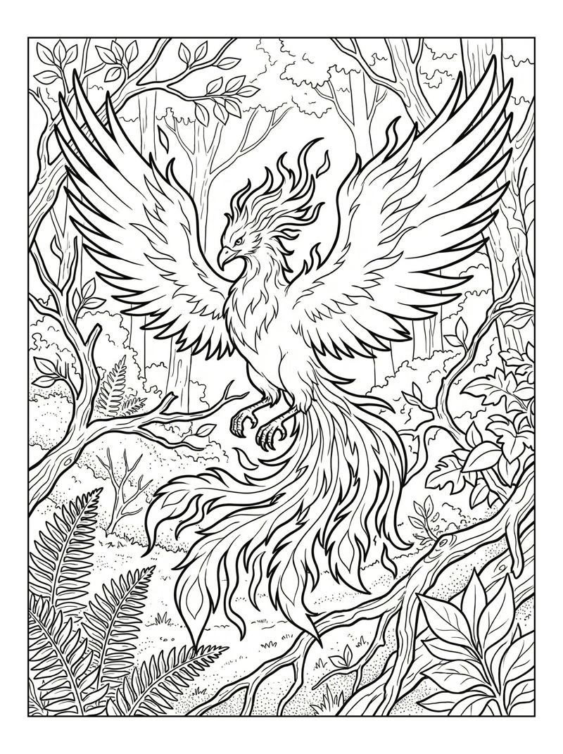 Fire Phoenix Hovering Enchanted Forest