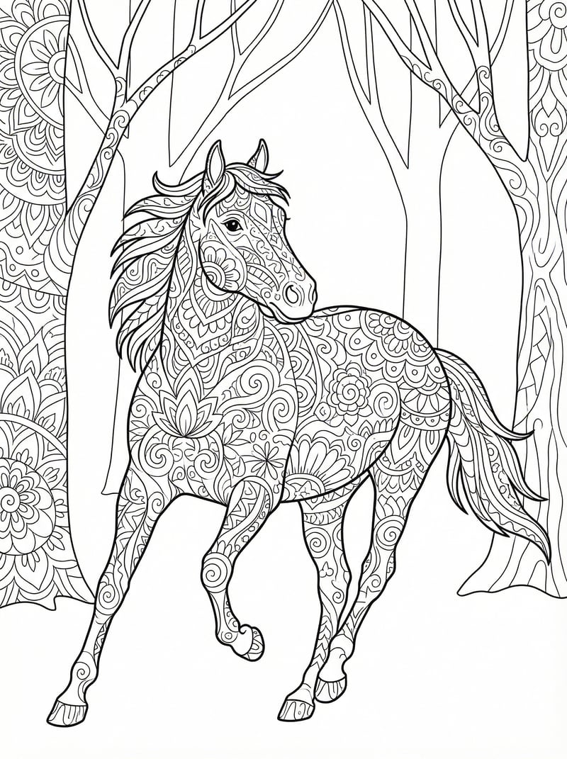 Patterned Horse Walking Among Woodland Trees