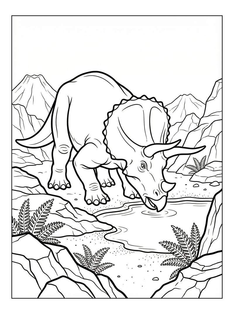 Triceratops Drinking In Volcanic Landscape